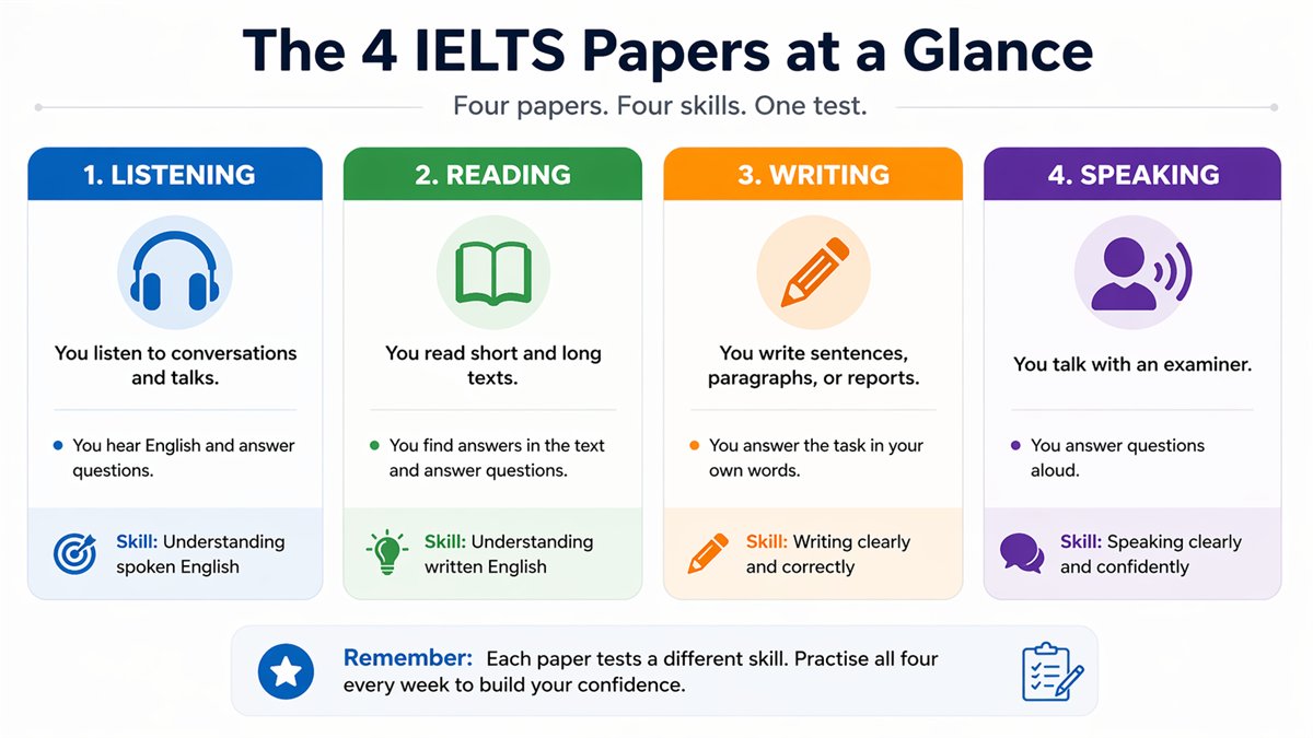 Four IELTS test parts with one simple purpose line for each part.