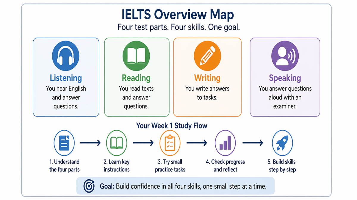 IELTS overview showing the four test parts and a simple weekly study flow for Foundation learners.
